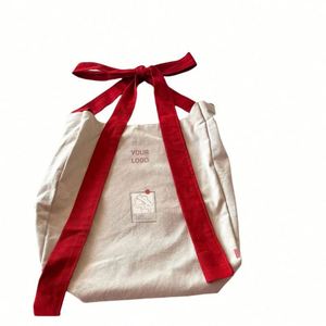 Special Design Logo <b>Print</b> Canvas Cotton Tote Bag With Custom Bow Knot Handle - Product Image 4