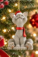 Ornement de Noël Chat Gris, Décoration de Sapin de Noël en Résine Souriant