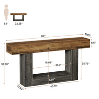 Table console convertible moderne en bois massif de 63 pouces, base en U, design étroit et long, pour salon, entrée, style vintage