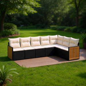 Ensemble de canapé de jardin en rotin noir 7 places avec panneaux en teck, mobilier d'extérieur au design contemporain, résistant aux intempéries - Product Image 2