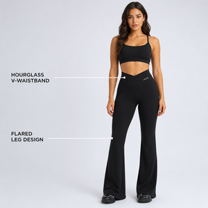 Charlo Obsidian Black Hourglass <b>Flared</b> <b>Leggings</b> V-Waistband Premium Compression <b>Gym</b> Yoga Wear Wholesale Bulk OEM GCC - Product Image 2