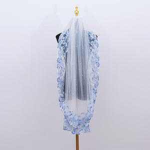 LUOXIN إكسسوارات خطوبة زفاف فاتح دانتيل أزرق زهرة طبقة واحدة لؤلؤ الحجاب الزفاف مع مشط الشعر - Product Image 2