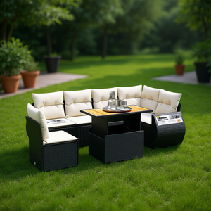 Ensemble de canapés de jardin noir et crème avec structure en rotin PE, coussins en mousse haute densité, mobilier d'extérieur au design contemporain - Product Image 2
