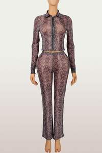 Neues Set aus Bluse mit Schlangenmuster und Reißverschluss vorne sowie Hose mit weitem Bein für Damen, zweiteiliges Outfit für den Herbst, Langarm-Crop-Top-Set - Product Image 5