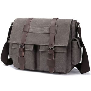 Canvas Vintage Messenger Bag Shoulder Bag Leather Large Travel Crossbody Bags for Men Women 15inch <b>Laptop</b> - Product Image 3