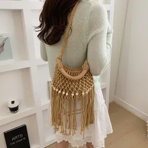 Bolso de Hombro Cruzado Bohemio Vintage 2026 <span class=keywords><strong>para</strong></span> Mujer, Tejido con Flecos, Diseño Calado, Borlas Hechas <span class=keywords><strong>a</strong></span> Mano, Cierre de Cordón, Ideal <span class=keywords><strong>para</strong></span> Playa - Product Image 3