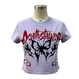 T-shirt court en jersey de coton polyéster <span class=keywords><strong>transparent</strong></span> avec logo personnalisé OEM, coupe ajustée, imprimé numérique sur toute la surface, manches courtes, style baby tee - Product Image 2