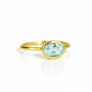 18K Gold Blue Topaz Small Oval Ring Gemstone Jewelry For Women Wedding Gift