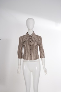 Ladies Brown Plaid 3/4 Sleeve Shirt, Button Up Lapel-neck Slim Fit Blouse, Y2K Casual Retro Workwear Top - Product Image 2
