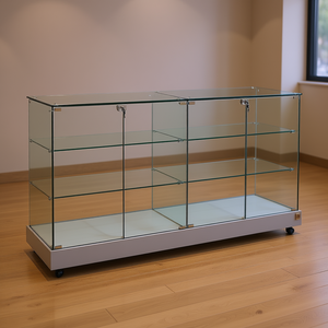 Hz Counter Showcase 145Cm Width 90Cm Height <b>Light</b> Grey Base With Hidden Castors <b>Hinged</b> Lockable Doors - Product Image 3