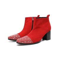 Bottines courtes pour homme NA1006 avec strass scintillants, en daim rouge et noir, talon bloc épais, pour mariage, bal de promo, soirée