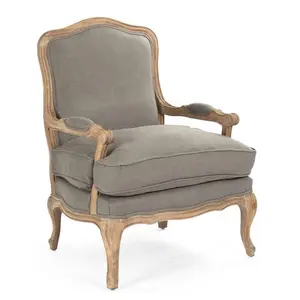 Hot Selling French Farmhouse Antique Wooden Armchair Lounge Living Room Furniture Accent Grey Linen Accent Chair