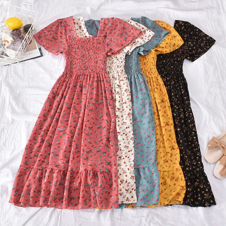 Q402 Latest Korean Design Floral Print Elastic Vintage Square Neck Short Sleeve Long Dress Women Summer Dresses Clothing