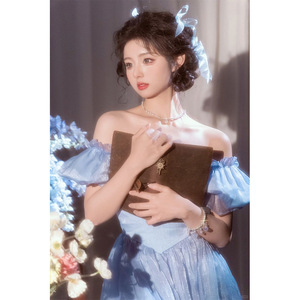 Blue Off-The-Shoulder A-Line Prom Dress Empire Waist Vintage Style For Studio Photography And Coming Of Age Ceremony - Product Image 4