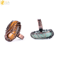 CSJA Fashion Antique Copper Natural Opal Stone Crystal Oval Bead Wire Wrapped Tree of Life Adjustable Rings for Women F391