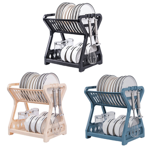 Kitchen Accessories 2-tier Cup Bowl Plate Organizer Storage Shelf Drainer Plastic Dish Drying Rack With 2 Hooks