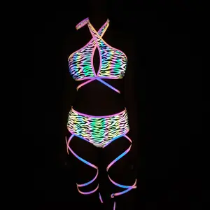 Colorful Reflective Bikini Three-piece Split Swimsuit Women's Detachable Cross Straps Sexy Swimwear Print Summer Beach 1 Piece