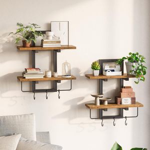 Étagères murales <span class=keywords><strong>de</strong></span> cuisine rustiques en bois à 2 niveaux, support <span class=keywords><strong>de</strong></span> rangement mural industriel flottant avec 6 crochets pour organiser les ustensiles - Product Image 6