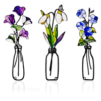 Buntglas-Metall-Wildblumen-Vase Wandbehang Ausgeschnittene Blumen-Wandkunst Ornament-Set für Innenräume Wohnzimmer Heim-Wanddekoration Geschenk