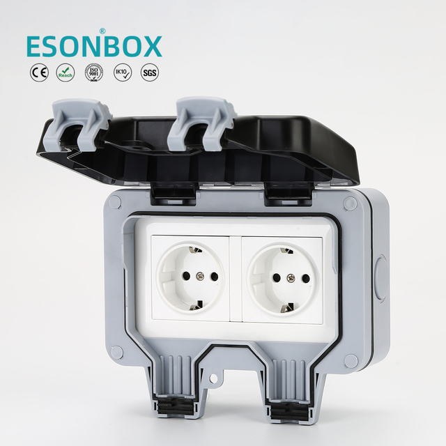 Outdoor Double Switch Outlet Socket German Waterproof Wall Socket 16A Rated Current NFC Outdoor Waterproof Electrical Switch Box