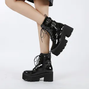 Botas femininas com zíper, botas de couro preto e pu com fivela dupla, salto grosso