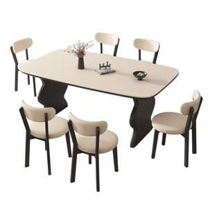 Juego de Comedor de 6 Piezas, Mesa Rectangular con Sillas Color Crema, Diseño de Losa de Madera Sólida para Apartamentos Pequeños - Product Image 5