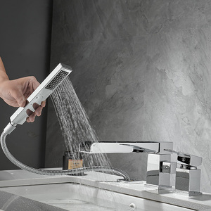 Bathtub Three Hole Basin Waterfall Faucet Dual Handle <b>Deck</b> Mounted Ceramic Valve Chrome Finish - Product Image 2