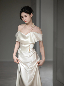 Abito da sera Alice di alta gamma in raso bianco antistatico, taglie forti, lungo fino al pavimento, con spalle scoperte, per feste e banchetti - Product Image 4
