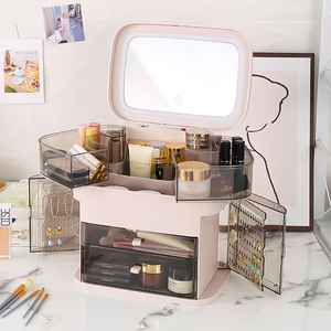 Cosmetic <b>Storage</b> Box With Mirror And <b>Drawers</b> For Makeup Organizer <b>Plastic</b> Dustproof White And Pink - Product Image 4