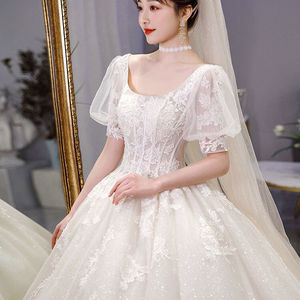 Forest Themed Light Wedding Dress Princess Waistline Square Collar Ball Gown Embroidered Lace Net Vintage <b>Floor</b> Length Long - Product Image 2