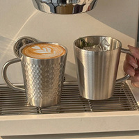 Bouteille d'eau en acier inoxydable 304 à double paroi, style coréen, 15 oz, tasse à bière, motif diamant martelé, anti-brûlure, avec poignée pour café