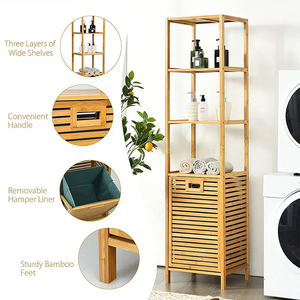 Custom Bamboo Wooden Bathroom Storage Rack Stainless Steel Laundry Cloth <strong>Hamper</strong> Basket <strong>Tower</strong> Organizer for Organizing Your Space - Product Image 4