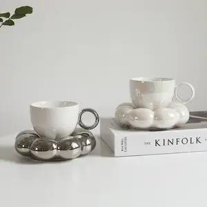 热销新款创意葵花珍珠釉电镀银咖啡杯盘陶瓷杯早餐牛奶杯