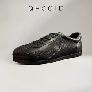 QHCCID Chaussures décontractées à lacets en cuir véritable pour hommes, baskets d'entraînement en plein air à talon bas noires, respirantes, style sport - Product Image 3