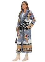 Herbst Winter Bohème Jacquard Strickjacke Damen Vintage Langarm Extra Langer Pullover Mantel