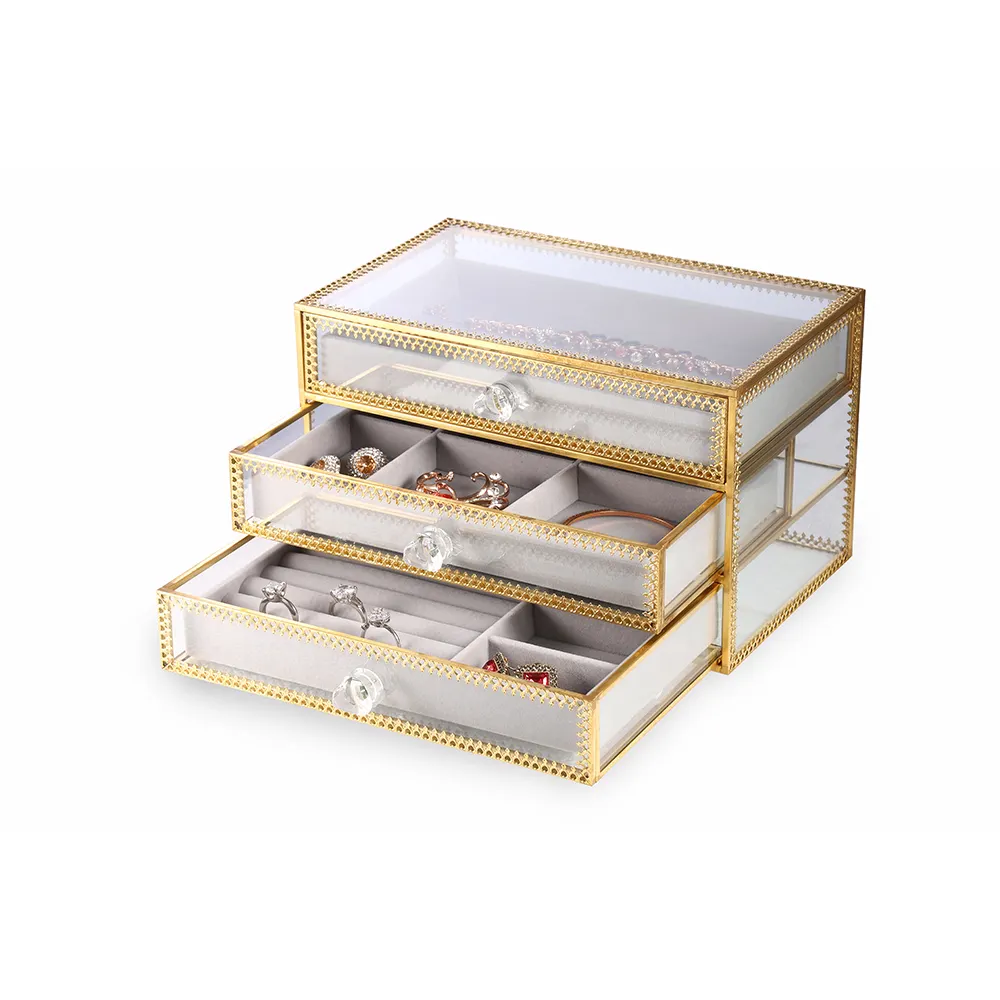 Zhangdiu — boîte de dentition de bijoux carrés transparents, boîtes à bijoux en verre doré, en stock