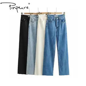 Washed High-taille Raw Edge Wide-bein Mopping Denim Trousers R51268S 2021 New New Model Jeans Pants Jeans Wholesale Price Stripe