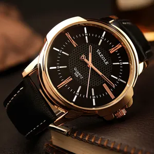 Yazole 358美しいローズゴールド男性クォーツ時計クリエイティブPU革ストラップLuminousアナログディスプレイビッグビジネス腕時計デザイン