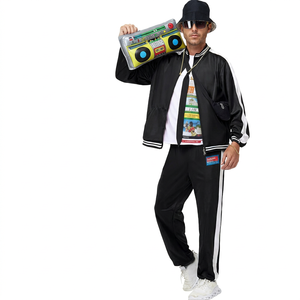 Ensemble de survêtement hip-hop pour femmes des années 80, veste à fermeture éclair et pantalon rouge à blocs de couleur, tenue rétro rayée - Product Image 3