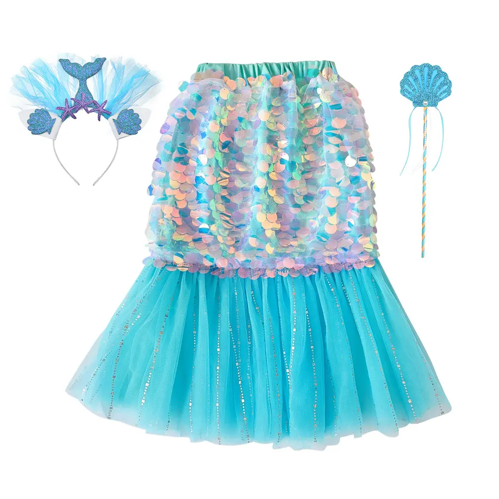 Детский костюм русалки, разноцветные юбки с блестками для девочек, юбки для морской пляжной вечеринки, костюм принцессы для косплея, радужная детская юбка с блестками