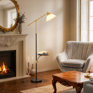 European Style Floor <b>Lamp</b> With <b>Shelf</b> Adjustable Height Brass Body LED Light Source White Shade For Living Room Bedroom - Product Image 1