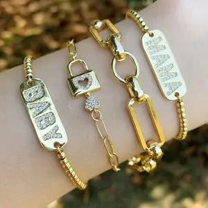 Personality Micro Paved Zircon Baby Mama Letter Bracelets Copper Gold Plated Link Chain Cz Lock Key Charm Bracelet