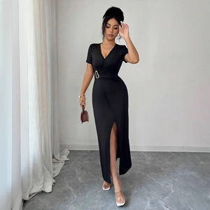 Nuovo Abito Lungo Estivo <span class=keywords><strong>da</strong></span> Donna Elegante <span class=keywords><strong>Taglie</strong></span> Forti con Scollo a V, Incrocio, Fibbia Metallica, Vita Arricciata e Spacco Alto, Tinta Unita - Product Image 2
