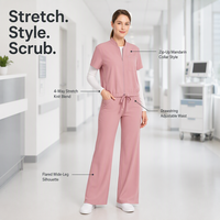 Setelan Scrub Wanita Kerah Mandarin Berbahan Stretch, Celana Flare Rajut Stretch Seragam Medis, Scrub Perawat Salon Gigi Logo Kustom