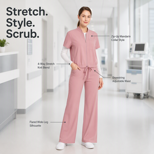 Set di <span class=keywords><strong>Divise</strong></span> Mediche Elasticizzate con Zip e Colletto alla Coreana per Donne, Pantaloni a Zampa in Maglia Elasticizzata, Uniforme Medica, <span class=keywords><strong>Divise</strong></span> per Studi Dentistici e Infermieristici con Logo Personalizzato - Product Image 5