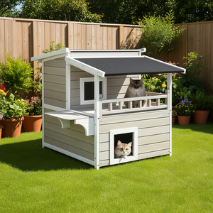 Maison pour chat en bois à 2 étages avec balcon, meubles de patio toutes saisons pour chats - Product Image 2