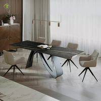 Table à manger rectangulaire en pierre frittée à bord fin, plateau en céramique de 12 mm avec base métallique à renforts cachés, design moderne