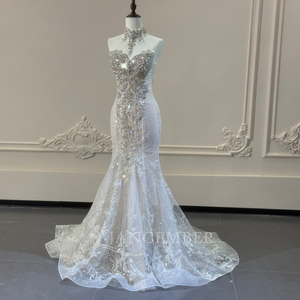Xs304 Elegant Ivory Mermaid <b>Wedding</b> Dress Crystal Beaded Choker Bodice Lace Train Bridal Gown For Church Ceremony Jancember - Product Image 5
