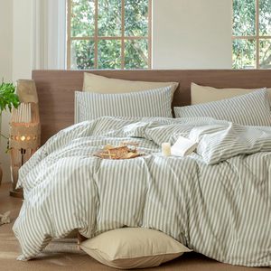 Cổ điển 100% bông 3-mảnh Duvet cover Set trắng và Sage màu xanh lá cây sọc vượt thời gian thoải mái cho phòng ngủ hợp thời trang trang trí nội thất - Product Image 3