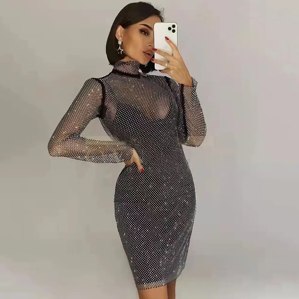 New Sexy Diamond rhinestone Mesh Cover Up With Black Bodycon Two Piece Sets Crystal Fishnet Nigh Club Evening Party Dress